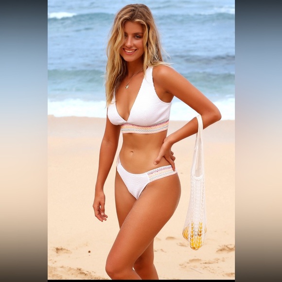 New textured Triangle Longline Bikini set in white with colorful trim Sz Medium - Picture 3 of 9